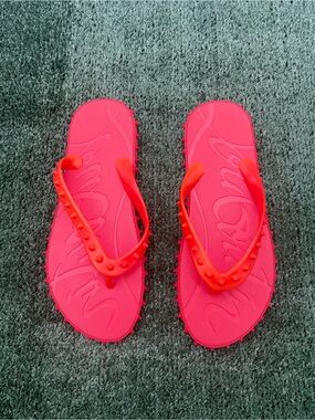 Christian Louboutin Neon Pink Studded Flip Flops